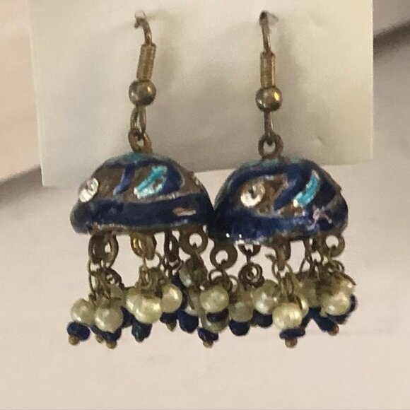 Vintage Jhumka Chandelier Earrings Half Sphere Enamel Beaded Tassels Blue/Gold $ - Picture 5 of 8